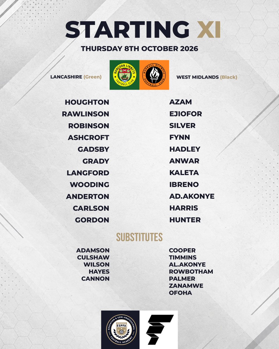 ESPFAcademy's tweet photo. #MatchweekThree | Teamsheets
ESPFA Lancashire (@RuncornLinnets Green) v ESPFA West Midlands (@ROFCOfficial Black) https://t.co/QNeYSns151