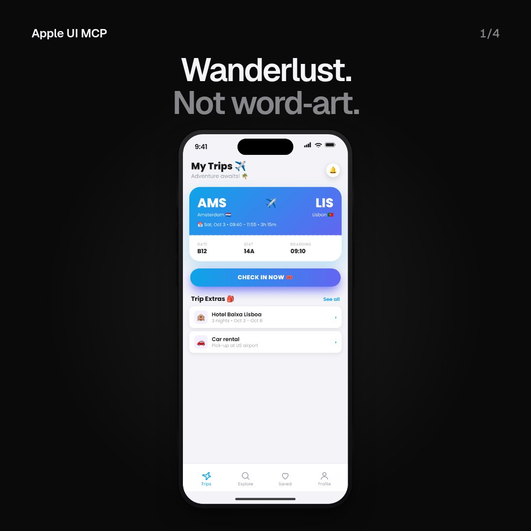 TrueSmartTech's tweet photo. Travel apps should get you to the gate, not show off gradients.
A typical AI-generated travel app scored 0/100 on Apple UI MCP's design review: 8–10px text, 30px tap targets.
Rebuilt with the MCP → 82/100.
€9.99/mo, cancel anytime
Link below ↓

#vibecoding #buildinpublic https://t.co/sKX7Ip8OHg