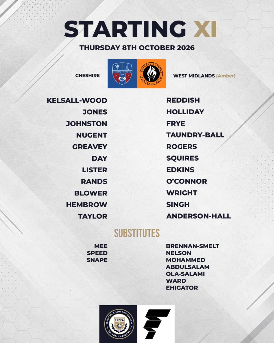 ESPFAcademy's tweet photo. #MatchweekThree | Teamsheets
ESPFA Cheshire (@SandbachFC_1st) v ESPFA West Midlands (@ROFCOfficial Amber) https://t.co/6Kkey941Ht