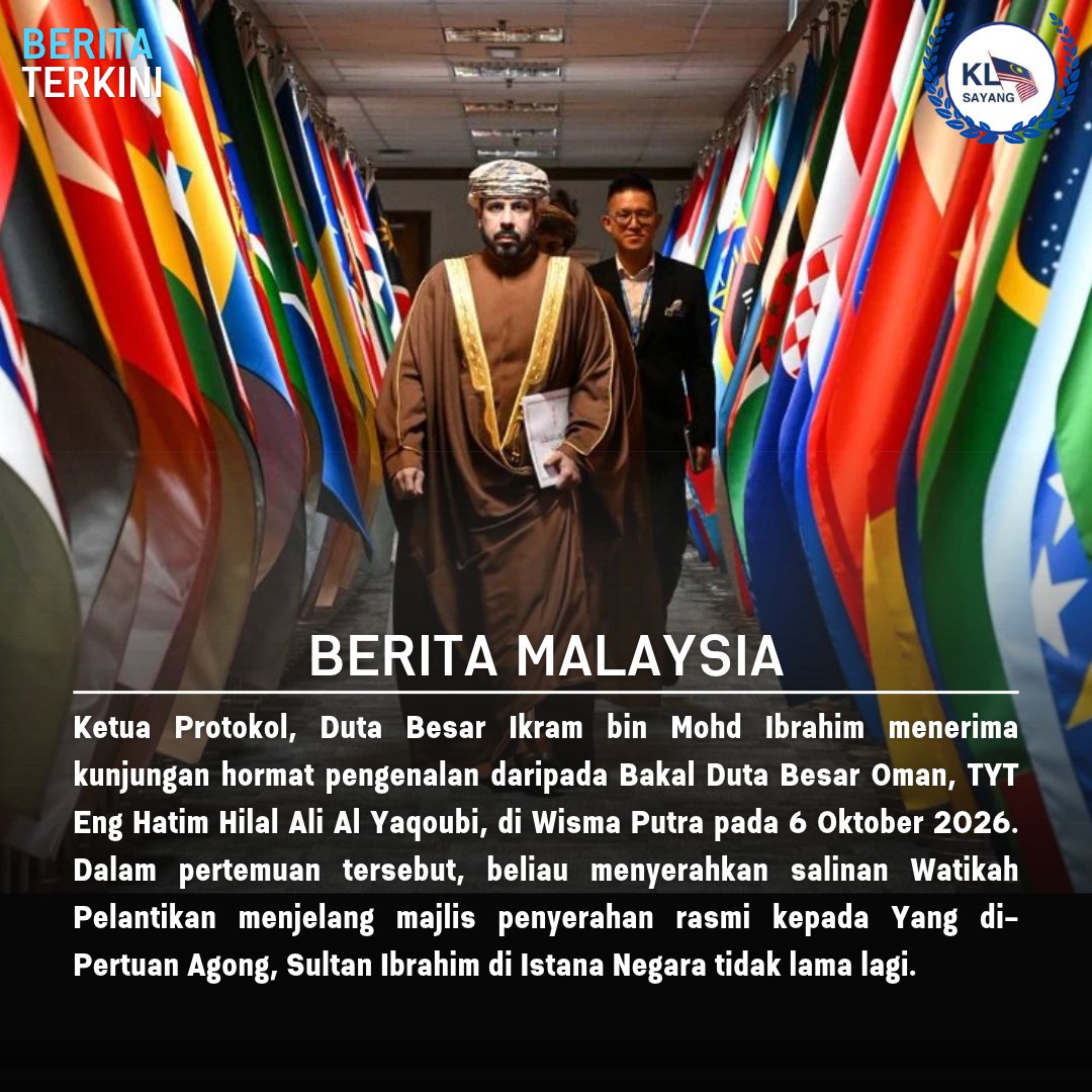 klsayang_'s tweet photo. Bakal Duta Besar Oman, TYT Eng Hatim Hilal Ali Al Yaqoubi mengadakan kunjungan pengenalan bersama Ketua Protokol di Wisma Putra bagi menyerahkan salinan Watikah Pelantikan. 🇲🇾🇴🇲 

#MalaysiaOman #WismaPutra #Diplomasi https://t.co/neM0cWucEB