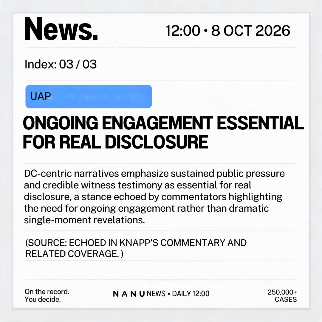 Nanu_App's tweet photo. Nanu News — 12:00 • 8 Oct 2026

UAP hearings are still on the table, and the date is not. Bledsoe’s “new knowledge” claims, and the new institute, are under scrutiny. Commentators, including Knapp, are arguing disclosure is a grind, not a single reveal.

A calendar. A claim. A process.

On the record. You decide.