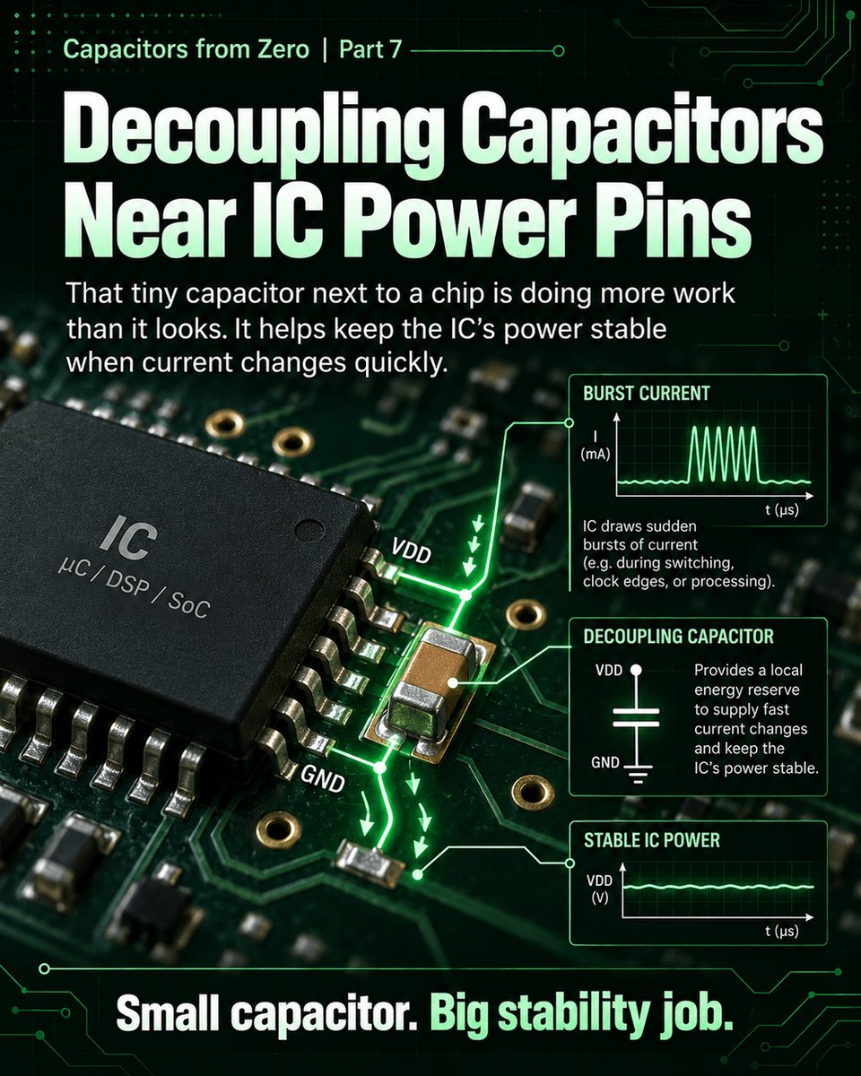 PartGenie's tweet photo. Capacitors from Zero | Part 7: that tiny capacitor beside an IC is a local power lifesaver — place it close to the power pins to fight voltage dips, high-frequency noise, and random glitches.
#CapacitorsFromZero #HardwareEngineering #PowerIntegrity #ElectronicsForBeginners https://t.co/jKwGNOFcBz
