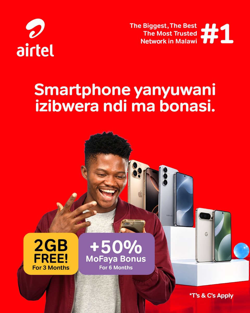 AirtelMalawiPlc's tweet photo. Gulani smartphone iliyonse ya brand new, ilembetseni ndi Airtel, ndipo mudzalandira:

✅ 2GB ya ULERE kwa miyezi itatu yoyambilira
✅ 50% bonus pa bundle iliyonse ya MoFaya yomwe mutazagule kwa miyezi 6 yoyambilira.

Pamenepa ndikumachedwanso?🔥

#AirtelMalawi #LOLOLO #DataBonus https://t.co/j9zTbeqwfO
