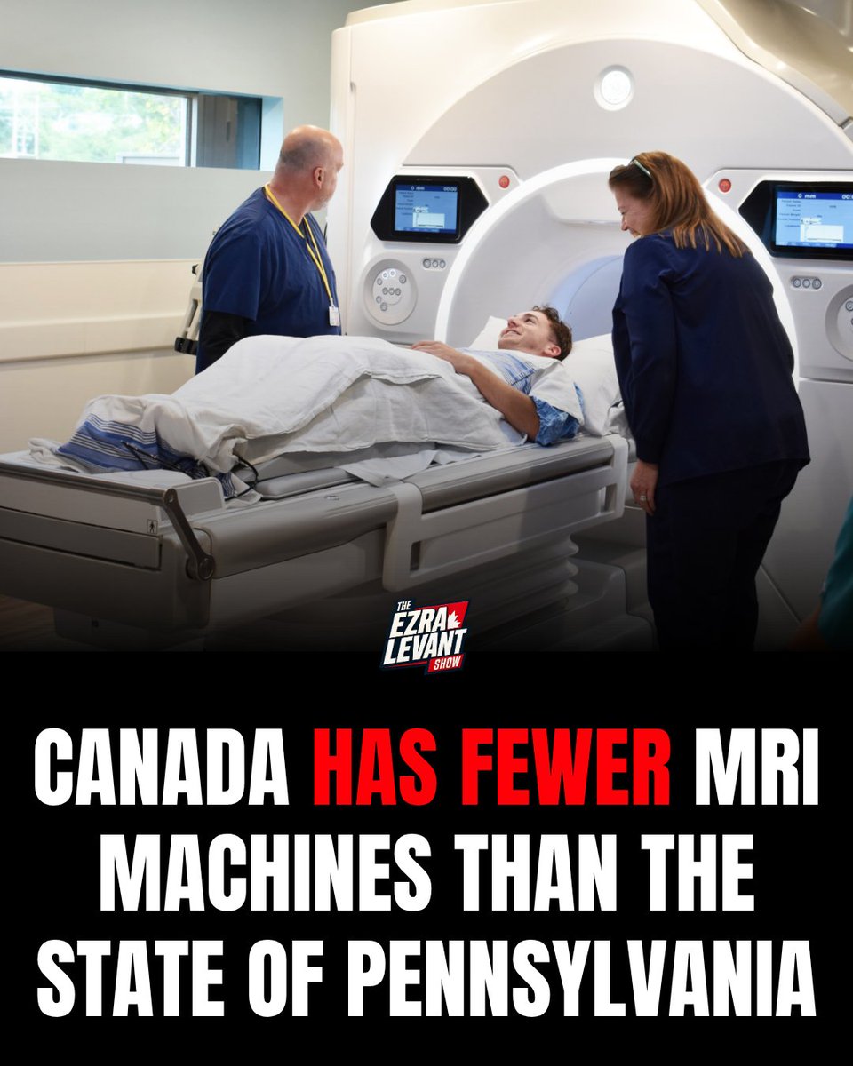 ezralevant's tweet photo. You can't get scanned on a machine that doesn't exist.

Canada has 10.6 MRI machines per million people.

That ranks 27th of 31 countries with universal health care, per the Fraser Institute.

The wait for an MRI hit 16.2 weeks. 
More than three weeks longer than the year before.

Germany has 32.5 machines per million.