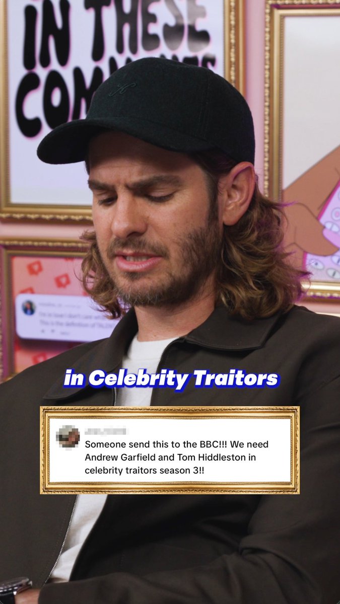 A vertical video screenshot of a man with long hair and a black cap, with text reading 'in Celebrity Traitors' and an overlaid tweet requesting Andrew Garfield and Tom Hiddleston for season 3.