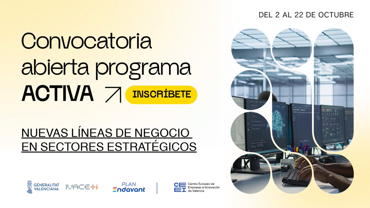 ceeivalencia's tweet photo. ¿Tu empresa está en un municipio afectado por la DANA y quiere abrir nuevas líneas de negocio?

CEEI Valencia y @GVAivace lanzamos #ACTIVA #PlanEndavant

Sé una de las 15 empresas que recibirán formación, diagnóstico y acompañamiento 👉 https://t.co/oqsPmoksxT

📅 Hasta 22/10 https://t.co/RClKdBl32T