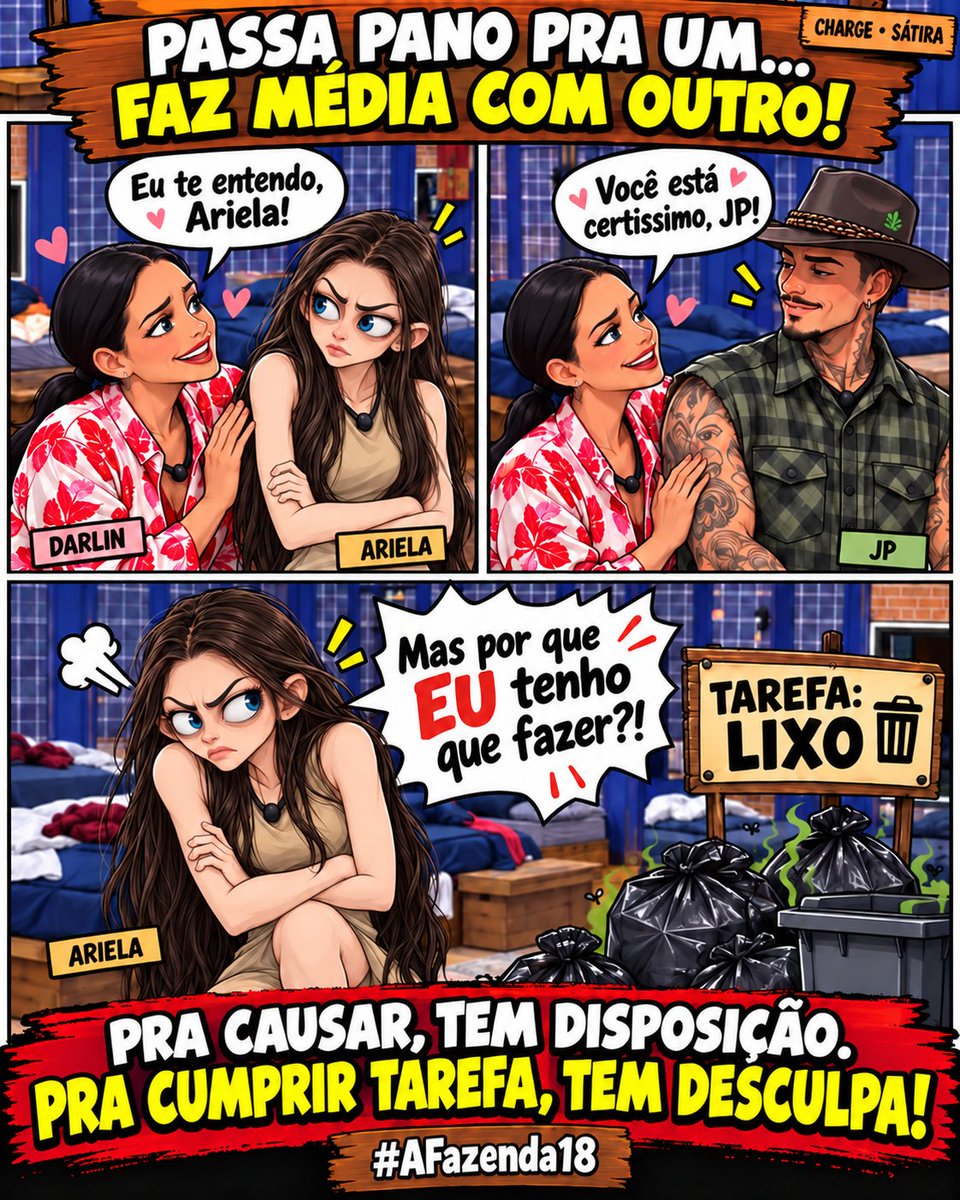 OrSchatz's tweet photo. Darlin passa pano pra Ariela e faz média com JP. Ariela dá trabalho pra casa inteira, mas reclama quando o trabalho é dela! 😂 O lixo ganhou responsável; a incoerência ganhou dupla. 👀🗑️ Quem mais percebeu? #AFazenda18 https://t.co/wN9sDN8mcf