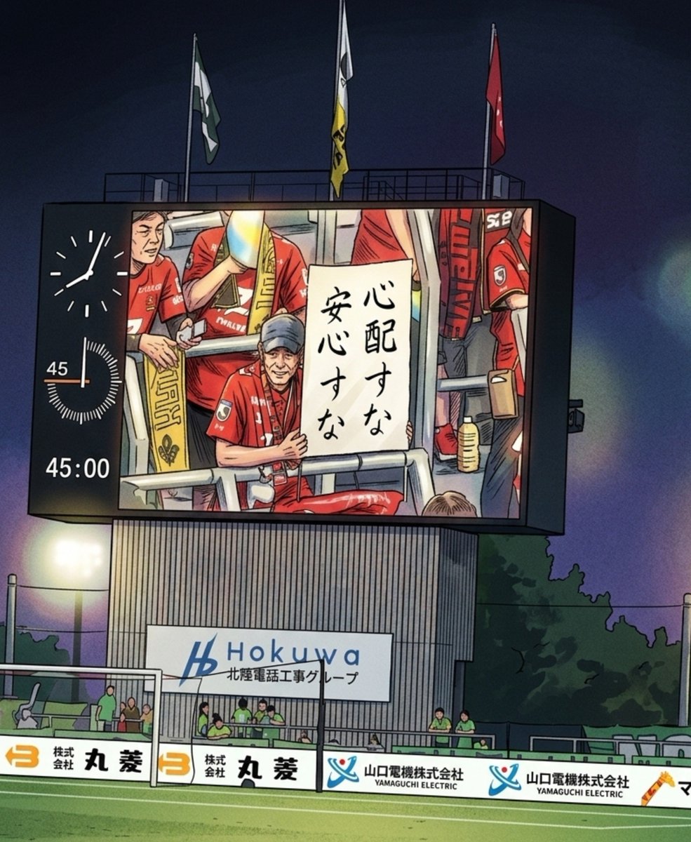 jr_marcel's tweet photo. ハーフタイムにゲーフラを上げてたら自分の顔が突然ビジョンにドアップに。めっちゃ恥ずかしい…と思っていたら嫁さんの友人から「ダンナじゃーんww」と言うメッセージと共にこちらの写真が速攻送られてきました。(エグみが強いので加工済よ)
#心配すな安心すな 
#私のゴースタ復活祭 #zweigen https://t.co/b610hF5COP