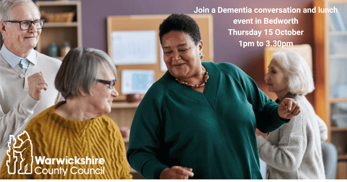 Warwickshire_CC's tweet photo. Dementia conversation and lunch event in Bedworth
Thursday 15 October
1pm to 3.30pm
Bedworth Heath Community Centre
Find out about dementia, local support services, and share experiences
Contact: cdwnunandbed@warwickshire.gov.uk
#DementiaSupport #Bedworth #LivingWell https://t.co/BGeVfw37Fu