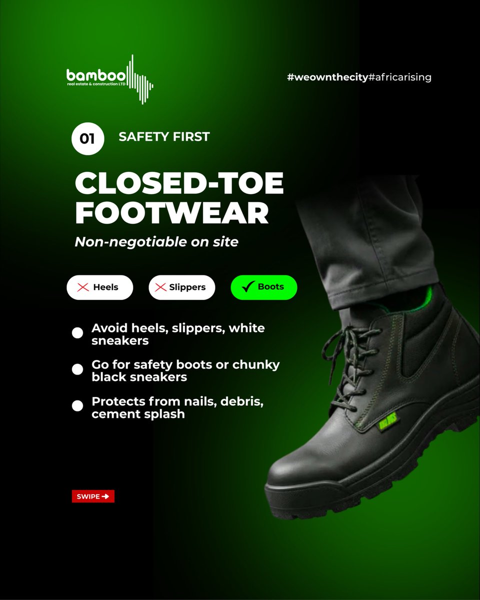 bamboogroup_'s tweet photo. Realtors, site inspection is not a fashion show.

Safety comes first. 
: Heels
: Slippers
: Unsafe footwear
: Closed-toe shoes
: Safety boots
: Comfortable, professional clothing
Protect yourself. 

Look professional. Represent the brand. https://t.co/xOmjKeWBSw
