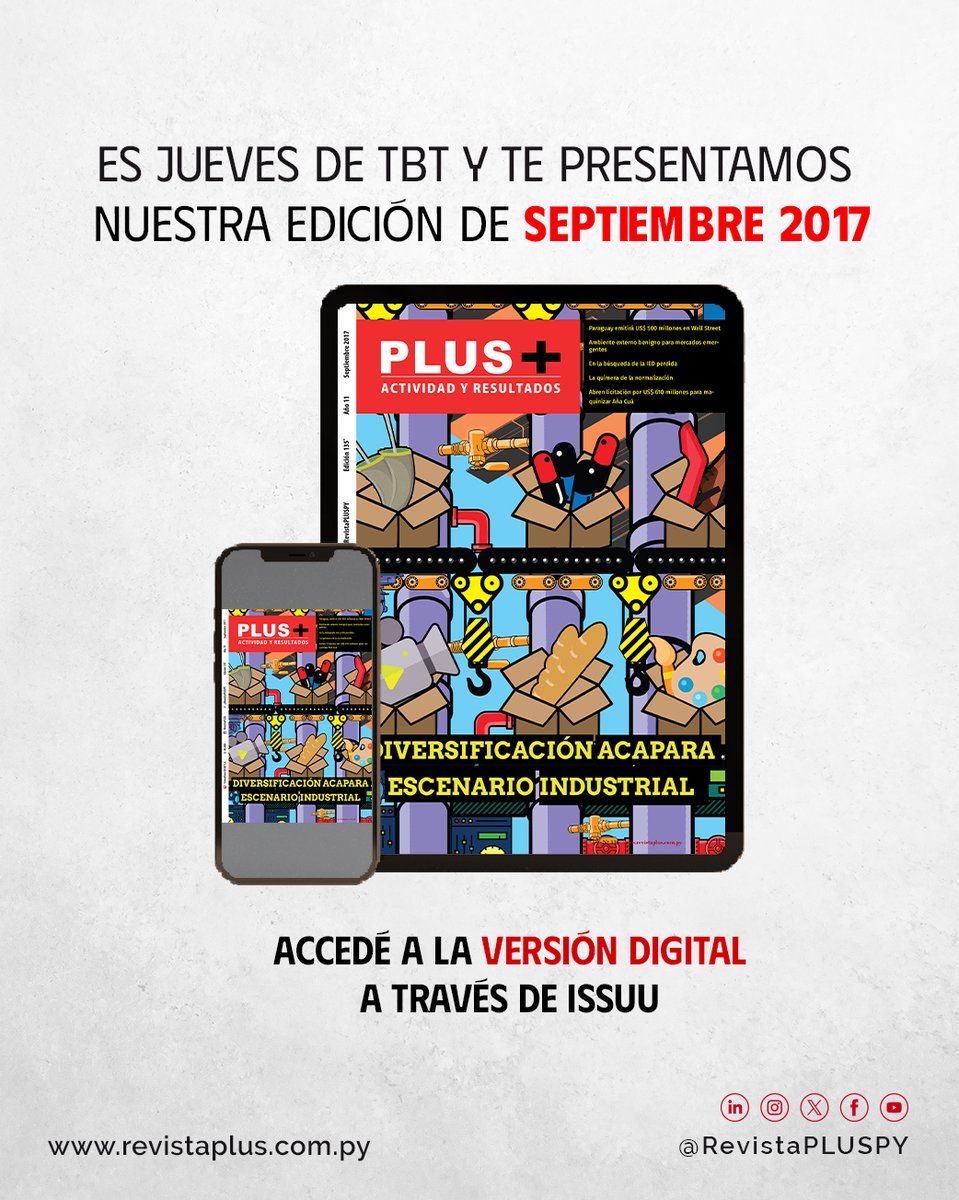 RevistaPLUSPY's tweet photo. 🔙 #TBT | Volvemos a septiembre de 2017

En esta edición, analizábamos cómo la diversificación comenzaba a ganar protagonismo en el escenario industrial paraguayo, junto con los principales desafíos y oportunidades para el crecimiento del sector.

📲 Reviví esta edición en su versión digital a través de Issuu: https://t.co/ivr1QfJdoZ