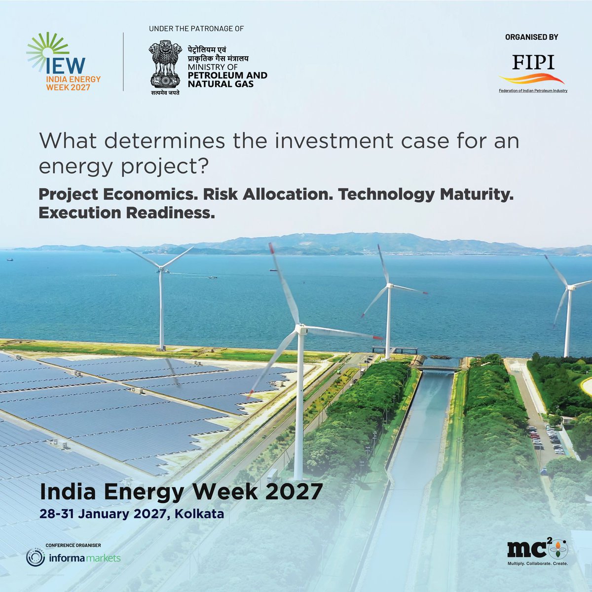 IndiaEnergyWeek's tweet photo. When it comes to large energy projects, the investment case gets stronger if the fundamentals are clear.

Project economics set the commercial case. Risk allocation clarifies how exposure is distributed. Technology maturity gives confidence in performance at scale, while execution readiness indicates how prepared the project is to move into delivery.

Together, they determine commercial viability, risk profile and confidence in execution.

India Energy Week 2027 brings together project developers, investors, technology providers and policymakers who examine the commercial, technical and execution considerations that shape large-scale energy projects and influence investment decisions.

Follow IEW2027 for more industry insights and updates.
Link: https://t.co/6Y4t6XQUVY

India Energy Week 2027
28-31 January 2027, Kolkata

@neerajmittalias @MCSquarePlus @PetroleumMin
@ChairmanIOCL @ChairmanONGC @DgFipi @ONGC_ @IndianOilcl @BPCLimited @HPCL @chennaipetro @gailindia @Ongc_Mrpl @OilIndiaLimited @PetronetLNGLtd @RIL_Updates @EngineersIND @HMEL_India @NRL_MoPNG @Shell_India @AxensGroup @bakerhughesco @exxonmobil_ind @IGLSocial @LanzaTech @larsentoubro @Jiobpofficial @SiemensIndia @topsoe_official @TotalEnergies @WorldLiquidGas @IGU_News @h2epower @IGX_India @Seros_IN @THINKGasIndia 

#IndiaEnergyWeek2027 #IEW2027 #IEWKolkata2027 #EnergyTransition #EnergySecurity #CleanEnergy #NetZero #Kolkata #India #GlobalEnergyDialogue
