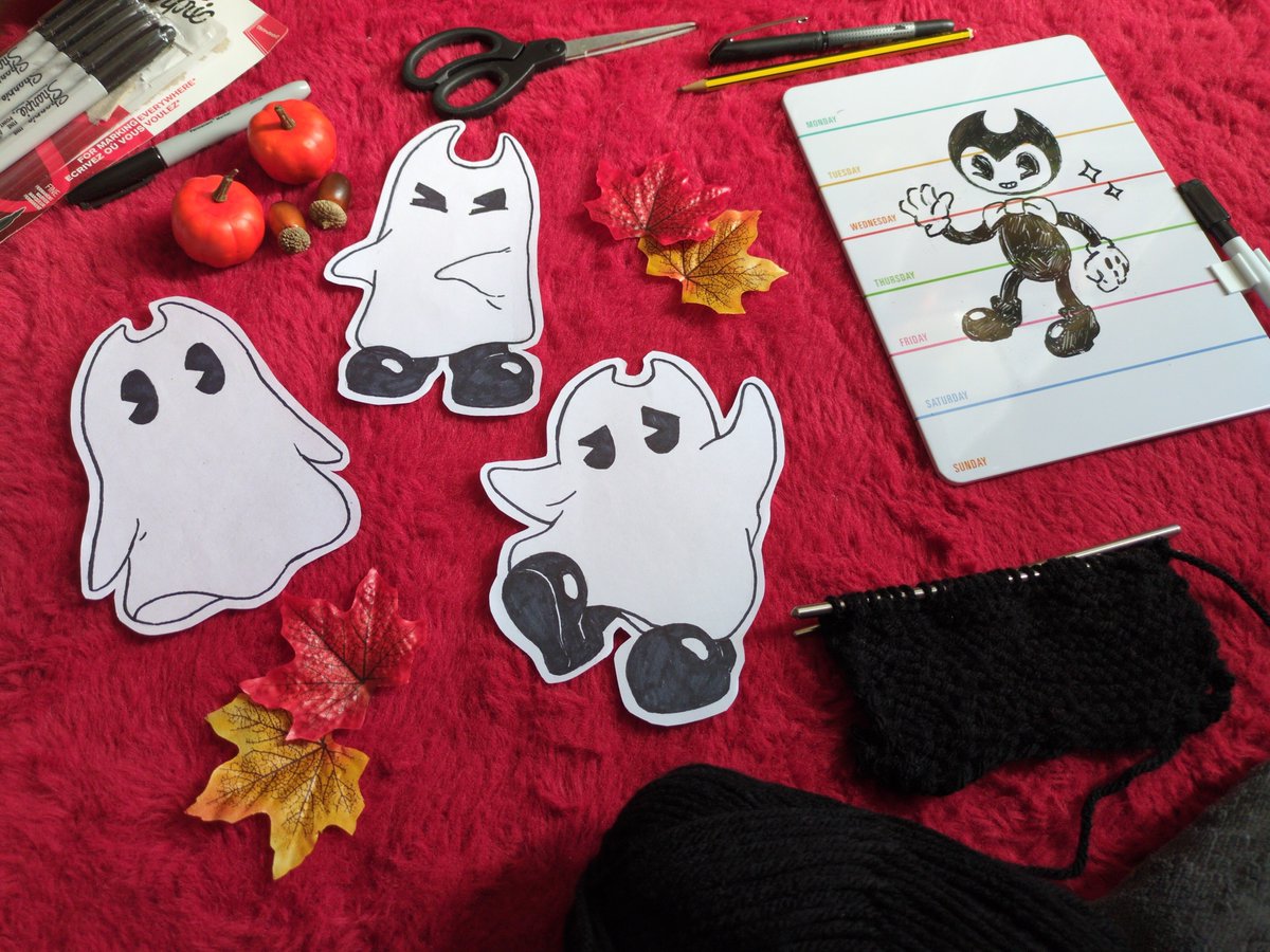 RegularDemons's tweet photo. Day 7 of my inkytober was a free space, so I took a break... Well, I drew a few Haunted Hijinx inspired ghost Bendy for seasonal decor, and started learning to knit. There's no rest from doing SOMETHING creative, the little devil scheduled himself in all week! #BENDY https://t.co/bXampaYA9v