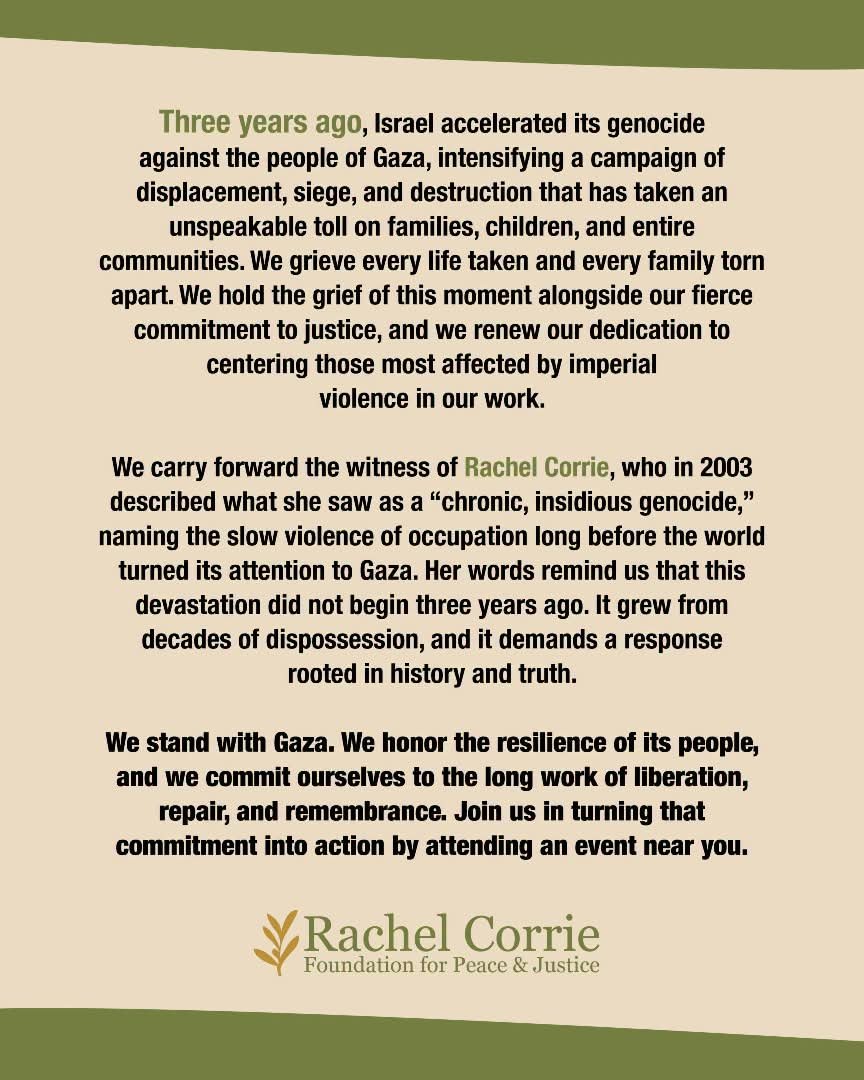 ciarantierney's tweet photo. "Her words remind us this devastation did not begin three years ago."

Rachel Corrie, RIP. Murdered by #Israel in 2003. Trying to protect a family home in #Gaza

Follow @rcfoundation, to see that many Americans have been aware of the slow #GazaGenocide‌ for a very long time. https://t.co/j3BcON7ml9