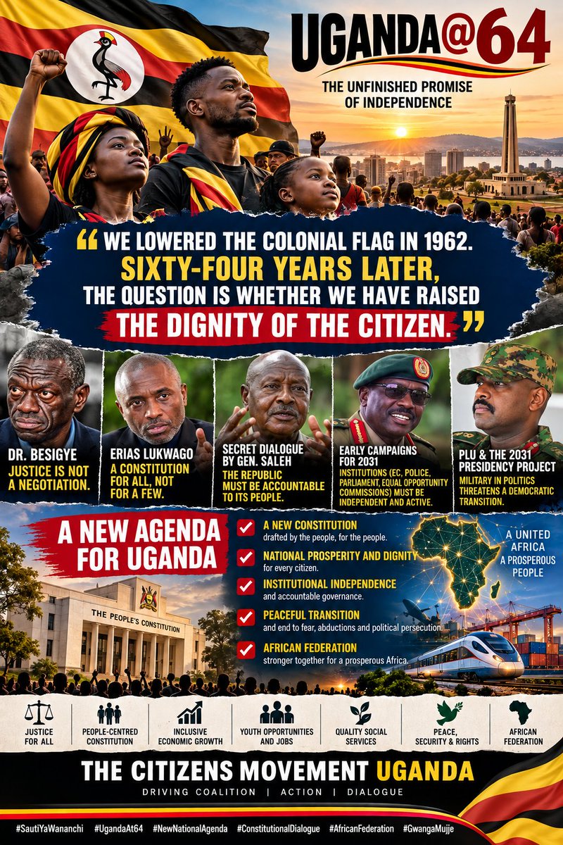 mayanja_wels's tweet photo. “WE LOWERED THE COLONIAL FLAG IN 1962. SIXTY-FOUR YEARS LATER, THE QUESTION IS WHETHER WE HAVE RAISED THE DIGNITY OF THE CITIZEN.” @ntvuganda @GlobalAfricaHQ @AfricansRising @amwaafrika @NUP_Ug @TheAllianceUG @FDCOfficial1 @SarahBireete @WinnieKiiza https://t.co/qKNw3FEpoP