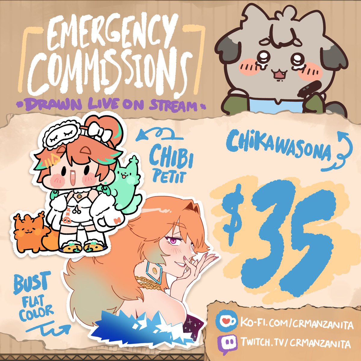 CrManzana's tweet photo. 🚨 Emergency C*mmss Open🚨
Things got complicated, so I'll be drawing live until the weekend.
Any one for $35 ⤵️

🐣CHIBI PETIT
👤BUST FLAT COLOR
🦝CHIKAWASONA

Even a RT helps a lot, thanks so much!💚

#EmergencyCommissions #VTuber #VArtist https://t.co/DSm55CkPvA