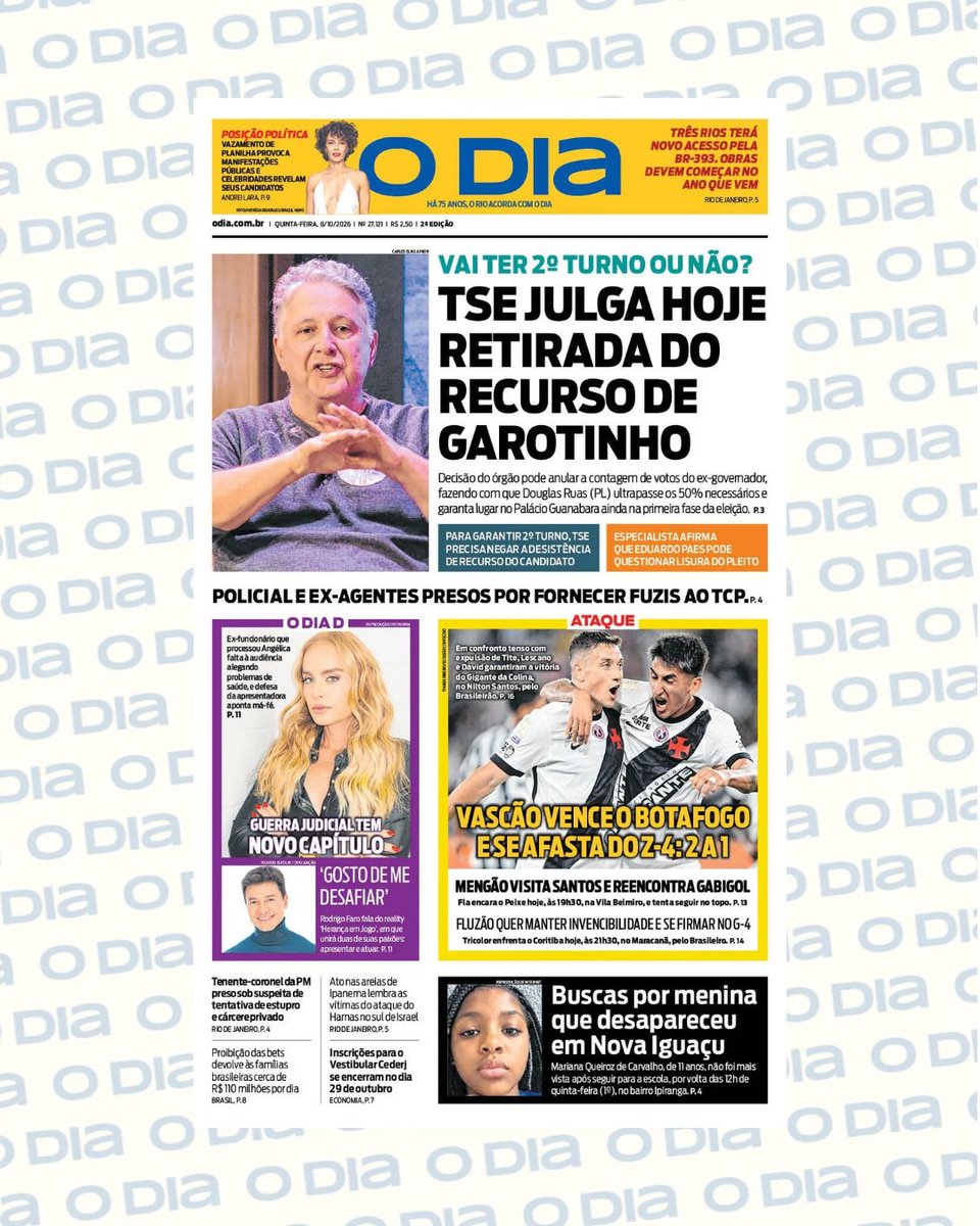 jornalodia's tweet photo. BOM DIA ☀️
Capa do jornal O Dia desta quinta-feira, 8 de outubro. As principais notícias para você começar o dia bem informado.
#ODia https://t.co/QHtJ8S83Su