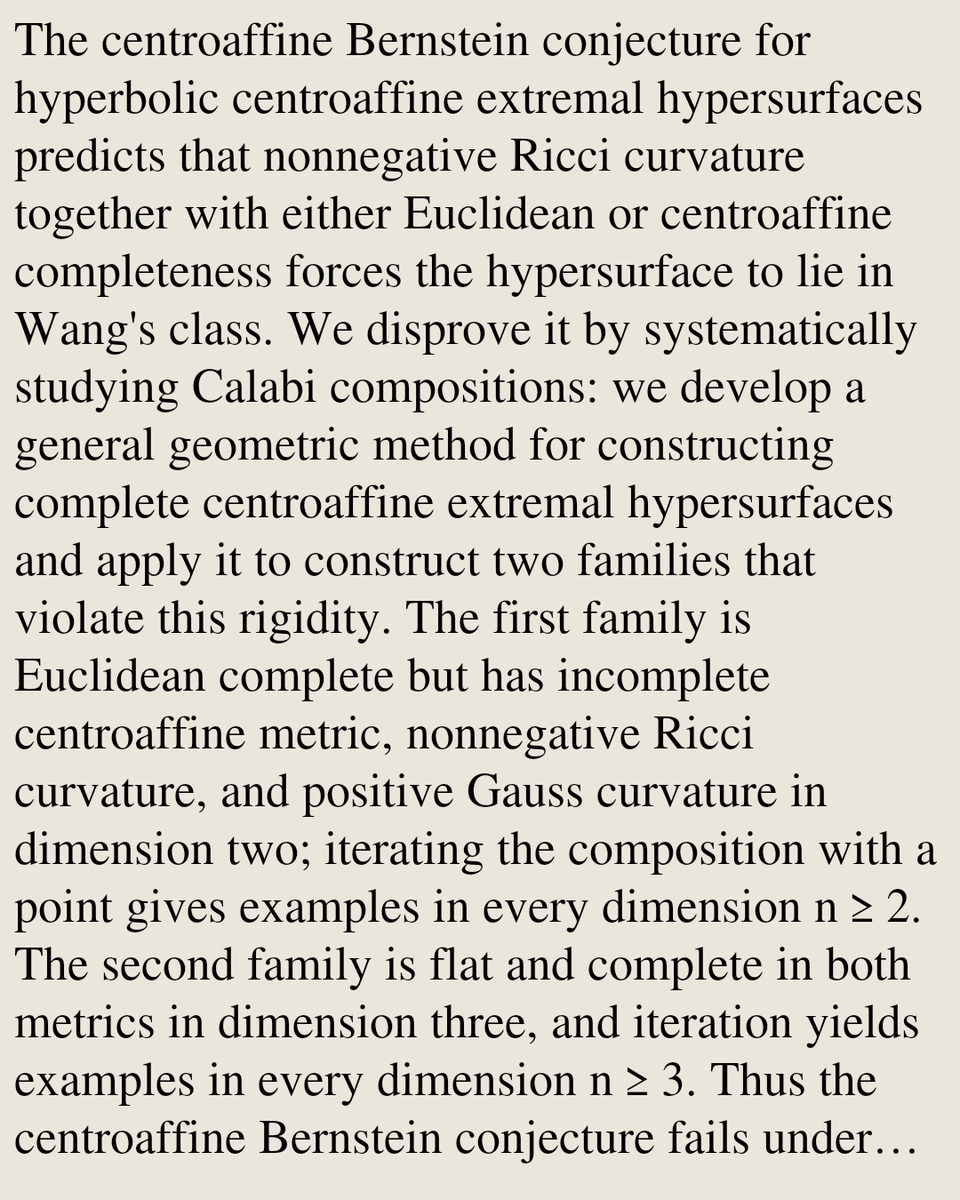 GeometryPapers's tweet photo. Complete centroaffine extremal hypersurfaces and centroaffine Bernstein conjecture

Cheng Xing, Yalin Sun, Ruiwei Xu
https://t.co/BqZyvAYbz2 [𝚖𝚊𝚝𝚑.𝙳𝙶 𝚖𝚊𝚝𝚑.𝙰𝙿] https://t.co/zKdgL3IF7y