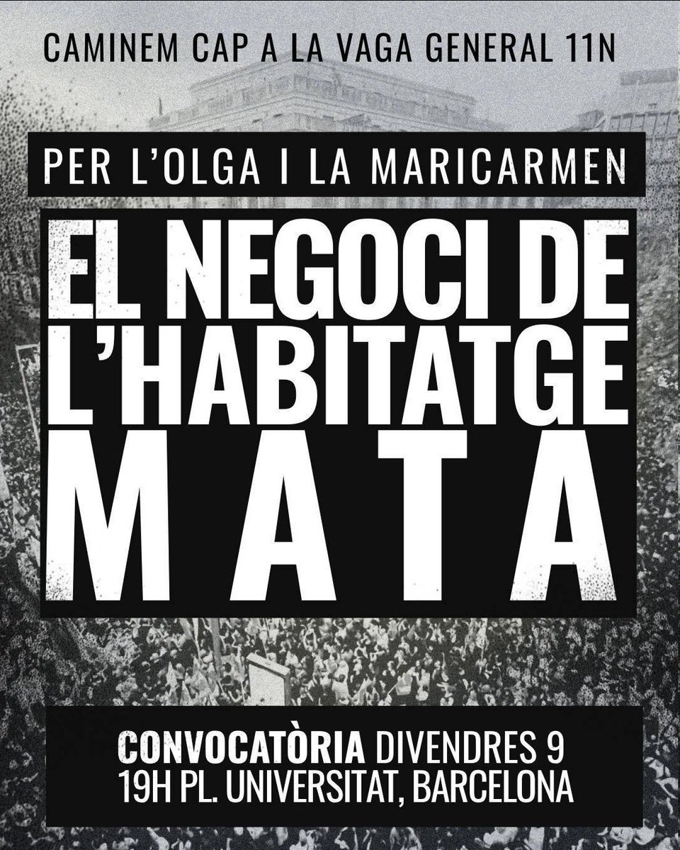 CGTCatalunya's tweet photo. Per l'Olga i la Maricarmen
Perquè l'especulació i el negoci de l'habitatge maten

📍Divendres 9, 19h Pl. Universitat https://t.co/pbdNgAaVyG