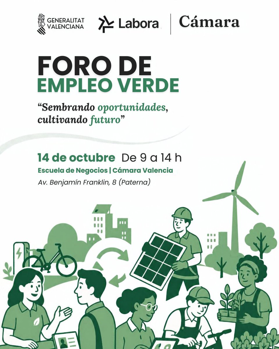 GVAlabora's tweet photo. El pròxim 14 d’octubre arriba el Fòrum d'ocupació verda, impulsat per la Cambra de Comerç de València. Amb la col·laboració de Labora i la Generalitat Valenciana.
✅ Entrevistes amb empreses
✅ Oportunitats laborals en organitzacions compromeses amb la sostenibilitat
✅ Networking i desenvolupament professional
✅ Impuls a l'ocupació verda i a la transició ecològica
👉 Si vols participar o conéixer més informació, inscriu-te a través del següent enllaç: https://t.co/dQSKcgtc81
#Sostenibilitat #Talent #OcupacióVerda💚