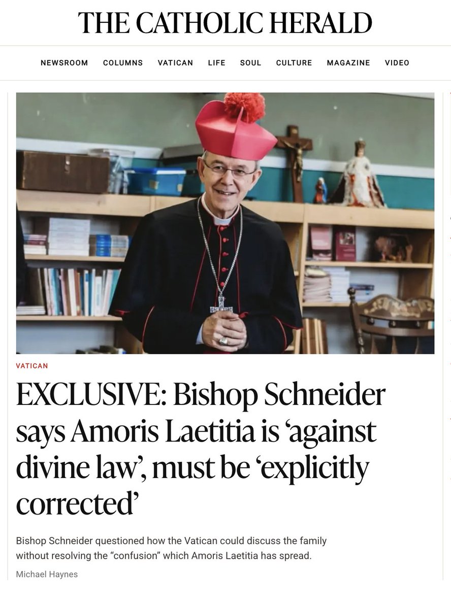 MLJHaynes's tweet photo. EXCLUSIVE wide-ranging interview for the @CatholicHerald 

Bishop Schneider warns Amoris Laetitia is a practical “denial of the divine truth of the indissolubility of marriage”

It is an attack on the “ineffable sanctity of the Holy Eucharist” he adds

“This meeting in Rome should, with all honesty address it [controversy over AL], with the Pope saying that it cannot continue as it has done”