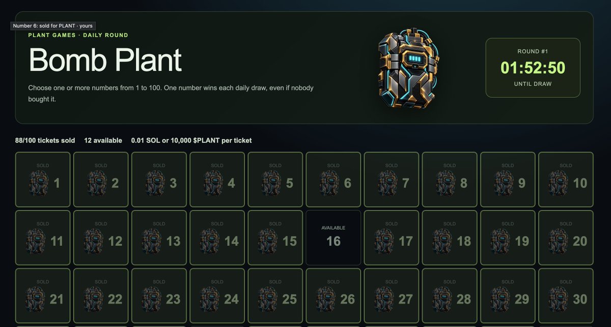 PlantPrediction's tweet photo. 💣 Bomb Game: Round 1 is almost over

Less than two hours remain until the draw. 88 of 100 tickets have been sold — only 12 numbers are still available.

Pick a number and buy your ticket with $SOL or solana:8mzcN1wbYJ3ZyBsmvrfTdy5k77nc7CBxXx4yuxrgWCve  at https://t.co/xl1EGIXvuz. The winning number will be drawn automatically when the round ends. Any winnings will be credited to your site balance, ready to Claim.