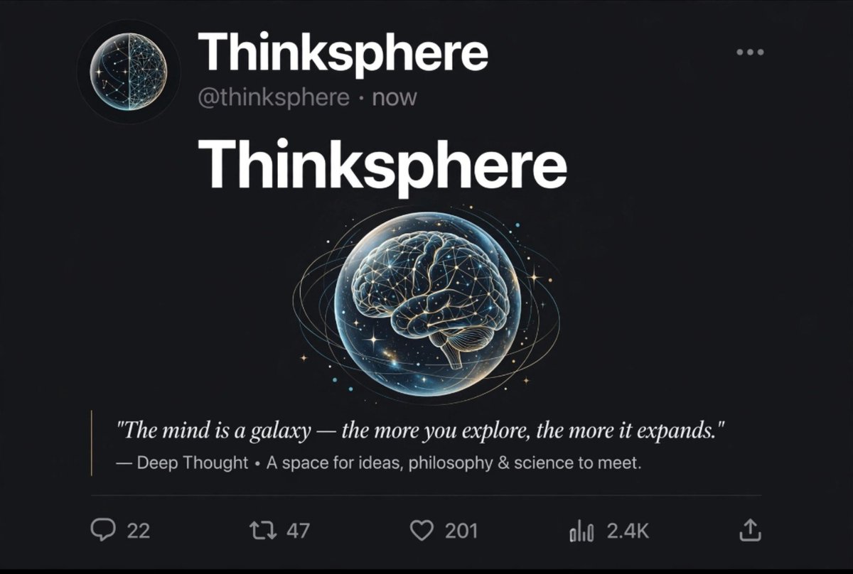 thinkspherehq's tweet photo. > Thinksphere 🧠🌌
> "The mind is a galaxy — the more you explore, the more it expands."
> 
> A space for ideas, philosophy &amp; science to meet.
> 
> #Thinksphere #DeepThoughts #Philosophy #Science https://t.co/fOejuph9wH