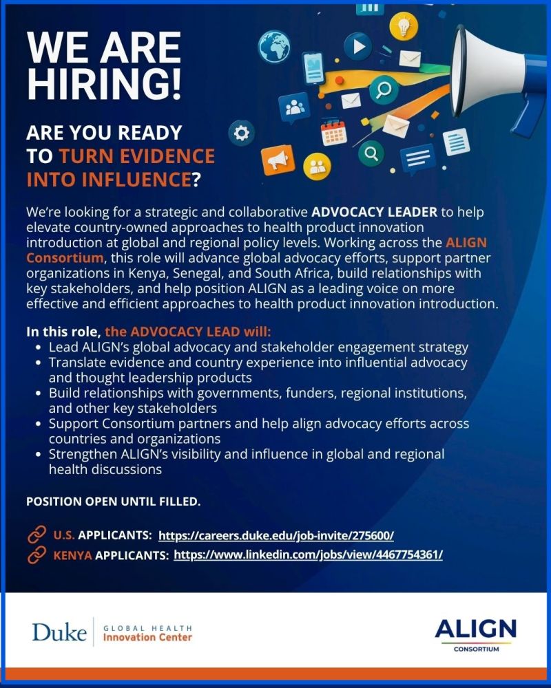 keprecon's tweet photo. An exciting opportunity to work with the ALIGN Consortium.
The Consortium is looking for an Advocacy Lead to support advocacy, stakeholder engagement and policy influence around country-led health innovation decision-making.
If this sounds like you or someone in your network, this could be a great opportunity to explore.
U.S. applicants, learn more and apply: https://t.co/Nh9Nz4kir9
Kenya applicants, learn more and apply: https://t.co/BOJVuXi87R