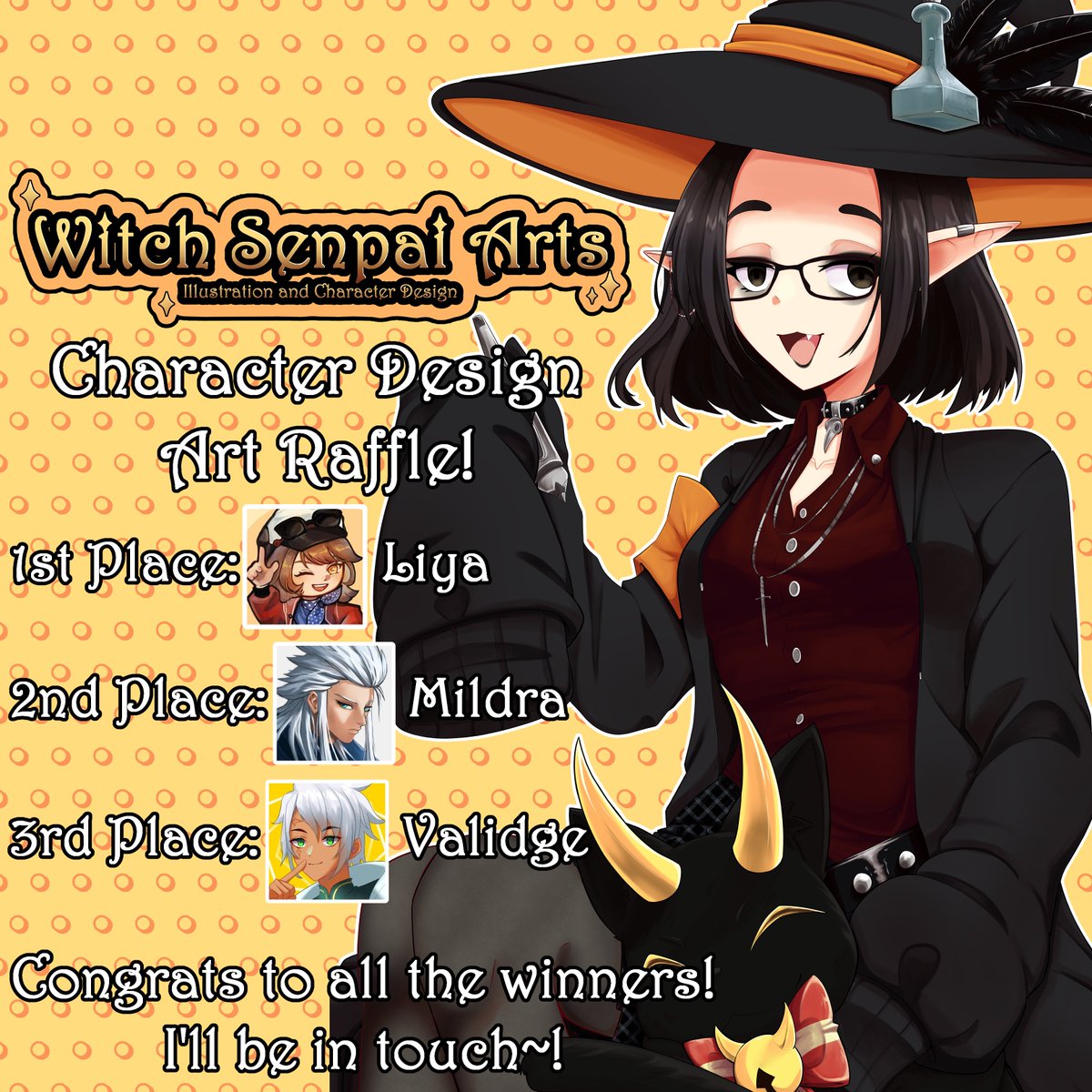 Witch_Senpai_M's tweet photo. Thank you to everyone who participated in my first ever Character Design Raffle!
3rd place winner: @validge1 
2nd place winner: @MildraTheMonk 
1st place winner: @lurullul 
Congrats on your prizes! I'll be reaching out to everyone soon! °˖✧◝(⁰▿⁰)◜✧˖°
#artraffle https://t.co/OCrGzFcJlm
