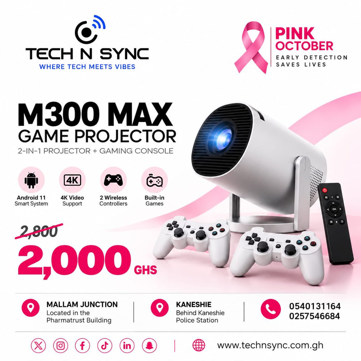 technsync's tweet photo. 🎮✨ Level up your entertainment with the M300 Max Game Projector!

Get a 2-in-1 Projector + Gaming Console with Android 11, 4K video support, 2 wireless controllers &amp; built-in games — all for just GHS 2,000! 🔥

Perfect for movie nights, gaming sessions &amp; chilling with friends. https://t.co/UR9DTPrW5f