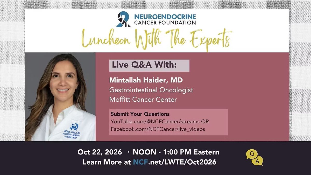 netcancerday's tweet photo. 📢Don’t miss the new @NCFCancer “Luncheon With Experts” with Dr. Mintallah Haider, gastrointestinal oncologist, Moffitt Cancer Center - the live stream will be on October 22nd, at Noon Eastern (9 AM Pacific).
✅Find out more:
https://t.co/DM0M1t07aJ
#LetsTalkAboutNETs https://t.co/J9CSvIPM5w