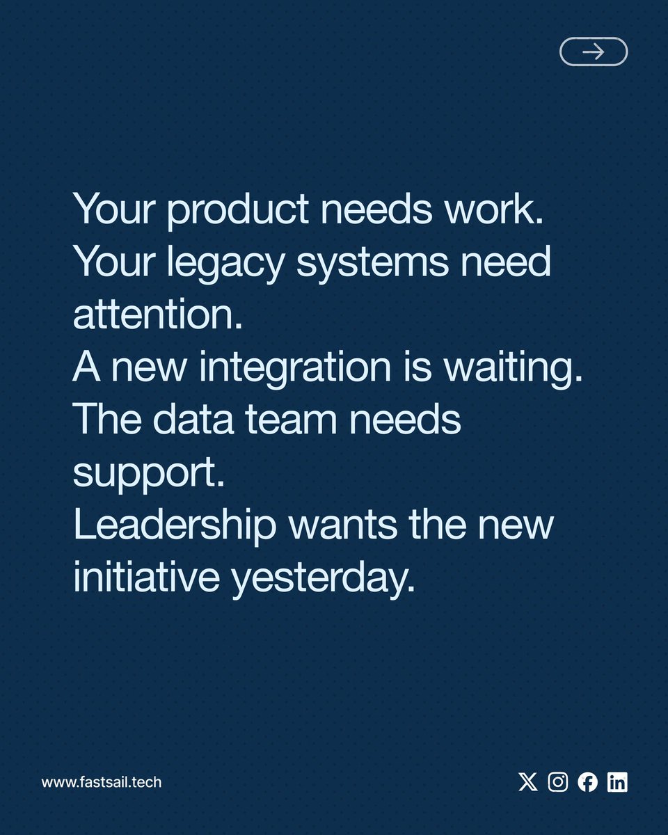 FastsailTech's tweet photo. Your engineers might not be the problem.

They might just have too much to solve.
When product work, legacy systems, integrations and new initiatives pile up, capacity becomes the constraint.

Sometimes you don't need another hire. https://t.co/bEu4eMFFDI