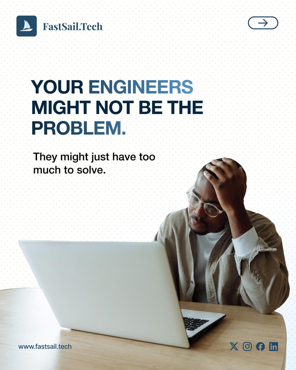 FastsailTech's tweet photo. Your engineers might not be the problem.

They might just have too much to solve.
When product work, legacy systems, integrations and new initiatives pile up, capacity becomes the constraint.

Sometimes you don't need another hire. https://t.co/bEu4eMFFDI