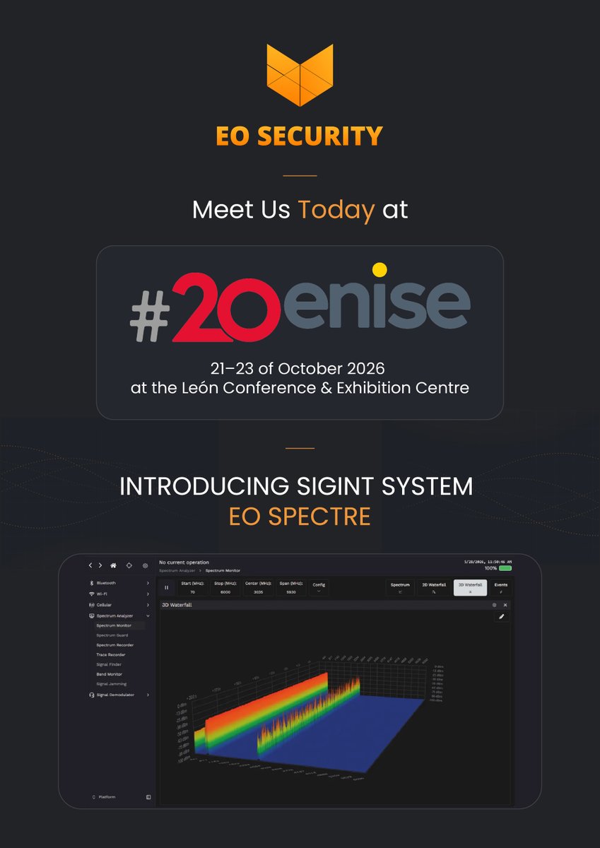 eosecurity_cz's tweet photo. 🔴 We are LIVE at #20ENISE! The 20th ENISE has officially begun at the León Conference Centre. Come find us to explore how EO SPECTRE is redefining intelligence operations. 🤝

#ENISE2026 #EOSecurity #EOSpectre #SIGINT https://t.co/KrDpRRuHE1