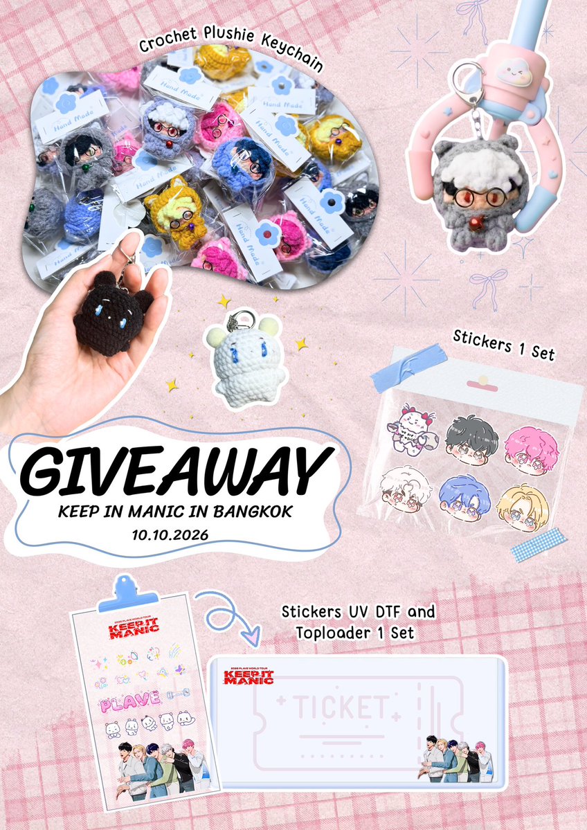 rianwattana's tweet photo. ✨ GIVEAWAY - 10.10.2026

• Stickers 1 Set 

⬇️ของด้านล่างจะสุ่มจากสติ๊กเกอร์นะคะ ⬇️
• Crochet Plushie Keychain 
• Stickers UV DTF &amp; Toploader 1 Set

ไปคนเดียวกล้าๆกลัวๆ มาสะกิดรับของกันได้นะคะ🥹

#plliมาแจก 
#PLAVE #KEEP_IN_MANIC #KEEP_IN_MANIC_IN_BANGKOK https://t.co/7jvsieEw0l