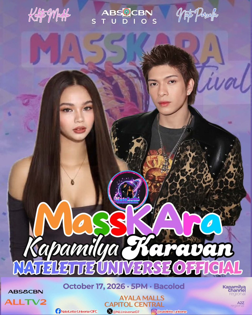 NLUniverse07's tweet photo. Natelette is heading to the City of Smiles for the Kapamilya Karavan this October 17! 💙🩷

Let’s make this MassKara celebration extra memorable with good vibes, big smiles, and lots of love! 🫶🏻
#BGYO_Nate #KoletteMadelo #NateLetteUniverse https://t.co/MVVE3HuSbJ