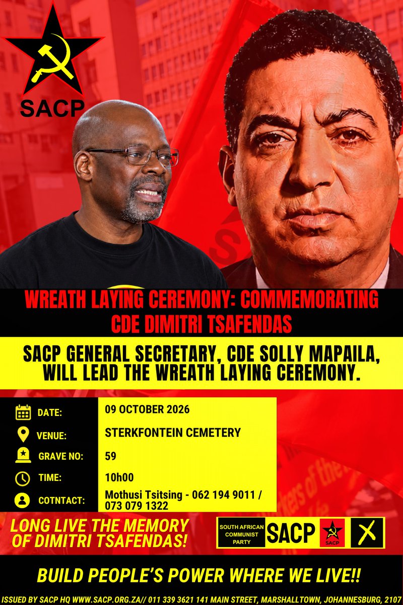 SACP1921's tweet photo. Remembering Dimitri Tsafendas, hero of the struggle against apartheid

Wednesday, 7 October 2026, marked the 27th year since the death of Dimitri Tsafendas in 1999. Tsafendas’s life and sacrifice remain etched in the struggle against apartheid and the fight for human dignity. https://t.co/Onrj2RMieq