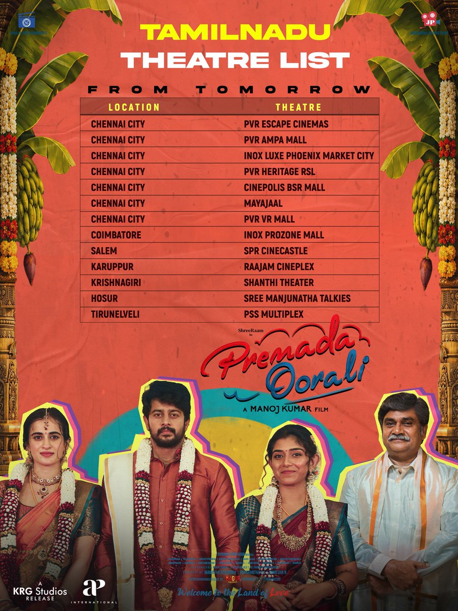 KRG_Studios's tweet photo. Kerala &amp; Tamil Nadu theatre list Out Now!!

Watch #premadaoorali in your city from 09th Oct, 2026 https://t.co/BHdyGFRhPI