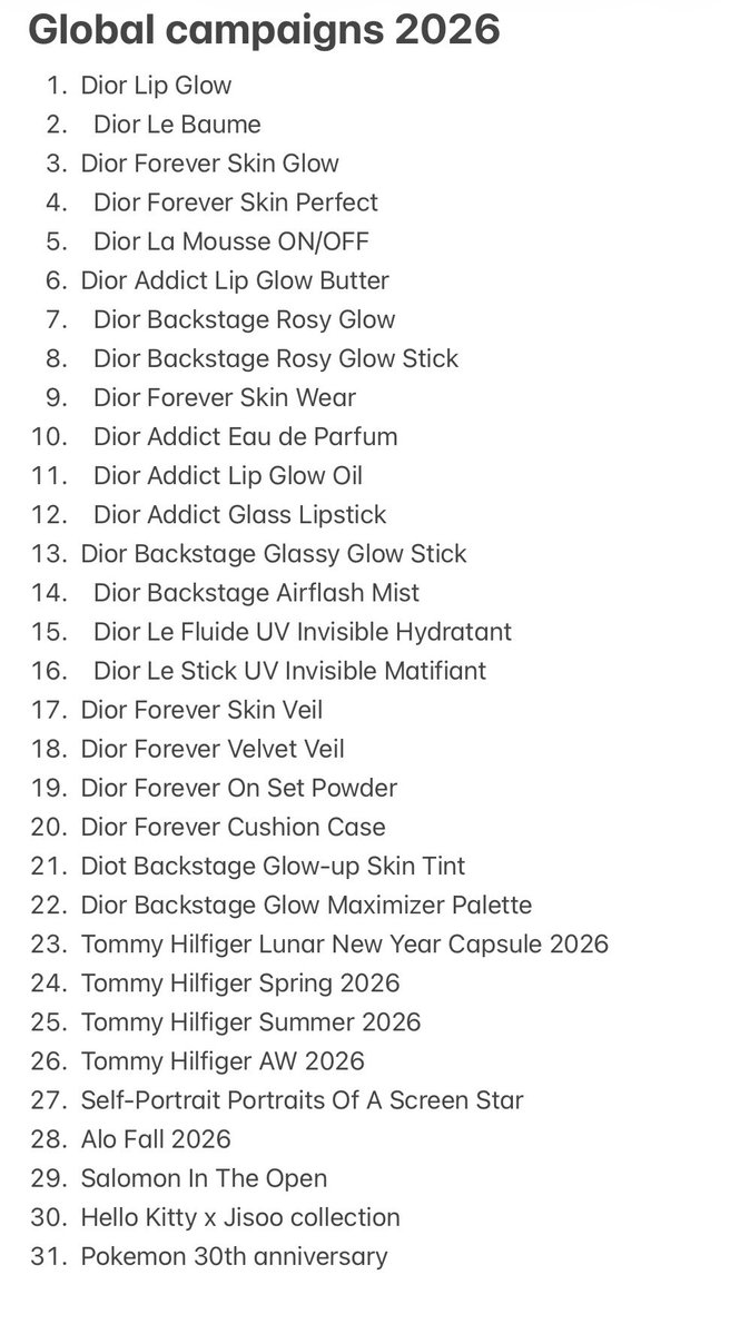 JIKARMAFICATION's tweet photo. Since this post is dedicated to misinfo about Jisoo, here’s the clarification: 31 global campaigns in 2026 alone (to date, for every brand she’s a face of, no brand missing. And that’s not counting market-specific campaigns. Thanks for giving me the reason to post this. https://t.co/v49aroX7BH