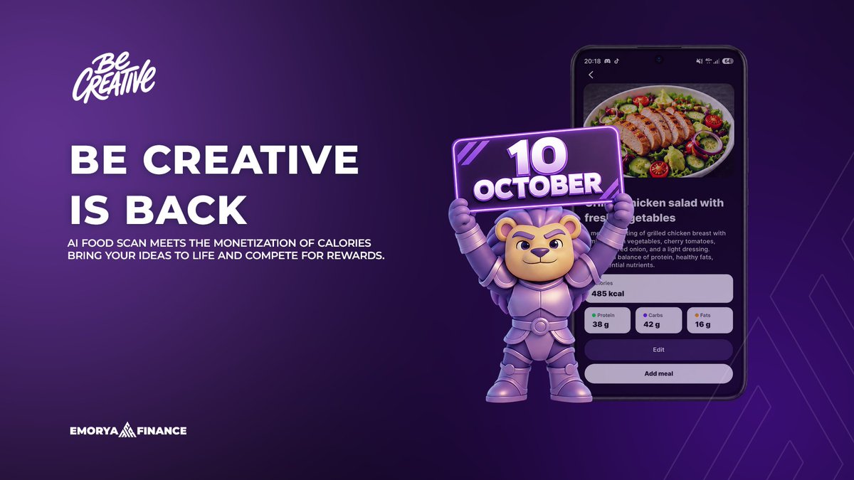 EmoryaApp's tweet photo. 🎨 Be Creative is back!

On October 10, we’re launching a brand-new Be Creative challenge on Emorya! 🚀

This time, get creative with ideas around AI Food Scan and the monetization of calories. 🍎🤖🔥

Share your ideas, showcase your creativity and compete for rewards! 🏆

💡 Think big. Create something innovative. Turn your ideas into possibilities.

October 10! Let’s create! 💪