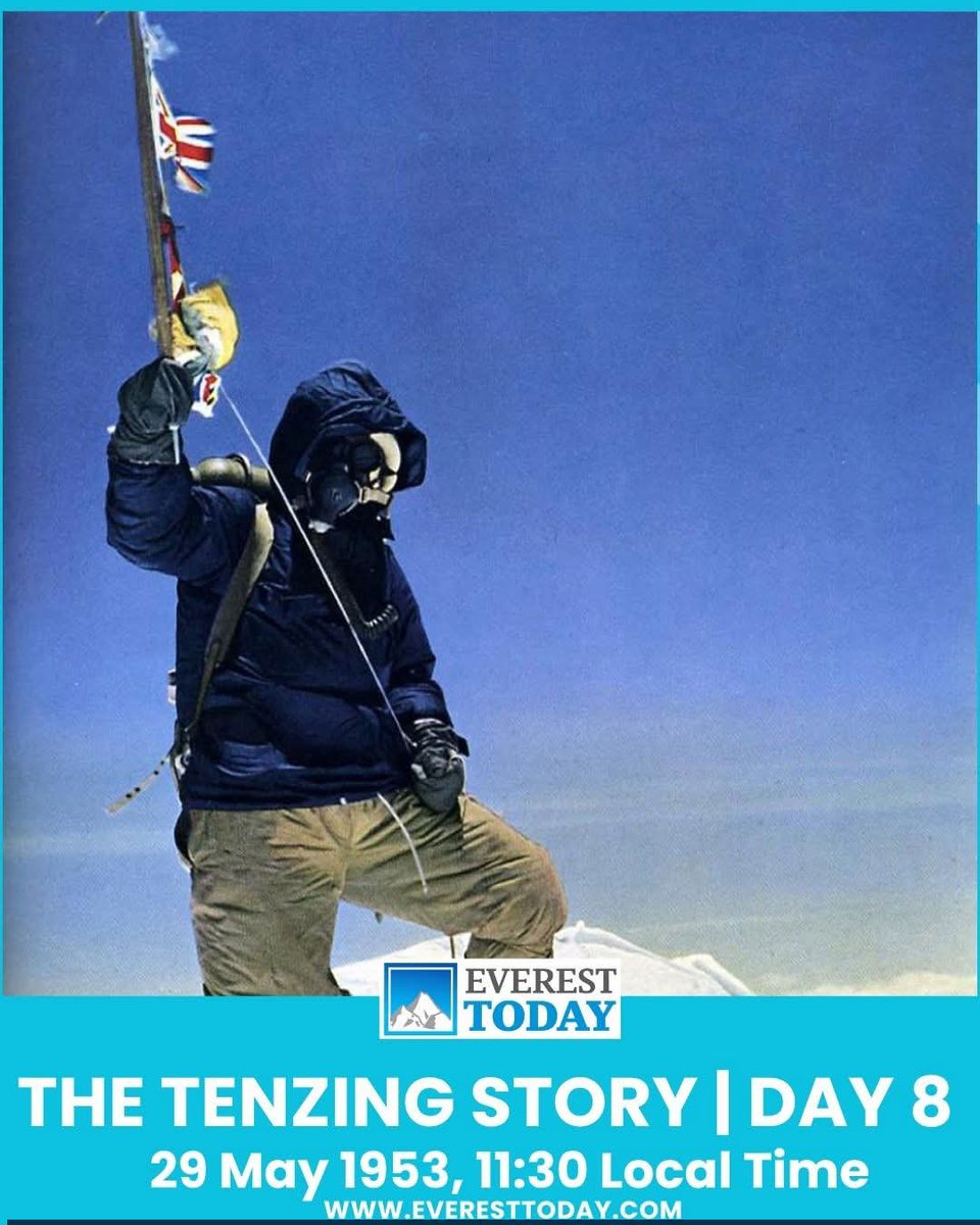 EverestToday's tweet photo. For more than three decades, Everest had resisted the world. From the first British reconnaissance in 1921, eight major expeditions had gone to the mountain before 1953 and none had returned with a confirmed summit. Climbers pushed the limits of human endurance, some reaching extraordinary heights, while others, including George Mallory and Andrew Irvine, disappeared into the mountain. Everest remained the last great symbol of the unknown.

Few people understood that struggle more personally than Tenzing Norgay. He first went to Everest with Eric Shipton’s expedition in 1935, returned in 1936 and 1938, joined Earl Denman’s unofficial attempt in 1947, and then took part in both Swiss expeditions of 1952. With Raymond Lambert that spring, Tenzing reached around 8,600 metres, higher on Everest than anyone had previously climbed and returned alive. By 1953, he had spent nearly eighteen years coming back to the same mountain.

Then on 29 May 1953, at around 11:30 local time, Tenzing stepped onto the highest point on Earth. Beside him was Edmund Hillary. Below them lay the Himalayas, and far beyond it, a world waiting for news. Everest had defeated generation after generation of climbers. Men had disappeared into its storms, and expeditions had turned back within sight of the summit. Only three days earlier Tom Bourdillon and Charles Evans had been forced to retreat from the South Summit. Now Hillary and Tenzing had climbed the final unknown ground and reached the highest point on Earth together.

Hillary lifted his camera and photographed Tenzing standing there, ice axe raised, the flags of Nepal, India, Britain and the United Nations flying above the Himalaya. It was more than a summit photograph. It was the portrait of a man who had returned to Everest across eighteen years, endured expedition after expedition, climbed repeatedly into the mountain’s highest reaches, and finally stood at the highest point on Earth.

For Hillary, Tenzing was not simply the man in front of his camera. He was the partner who had shared every risk, every exhausting step and every uncertainty of the final climb. Together, they had crossed the last unknown ground and reached a place where no climber had ever stood before.

For the world, Everest had finally been climbed. For the Himalaya, the image carried something deeper. After decades of Sherpas carrying loads, fixing routes, guiding climbers and losing lives in the service of expeditions, one of their own finally stood at the very centre of history.

Photo ©:  Edmund Hillary / Royal Geographical Society (with IBG)