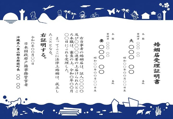 yonaguni_kanko's tweet photo. ＼日本最西端・与那国島で愛を誓う／

与那国町役場へ婚姻届を提出すると
オリジナルの「婚姻届受理証明書」が
もらえます💕（「よなたん」もいます）

本日、島で入籍された方がました！
おめでとうございます🎉 https://t.co/narM8hdQVn
