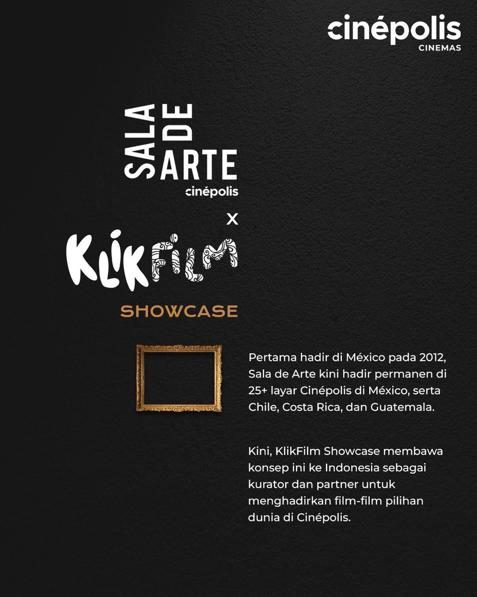 FilmIndoSource's tweet photo. Cinépolis Cinemas Indonesia officiates the launch of its Sale de Arte model in locations across Jakarta, Depok, Yogyakarta, Semarang, Malang, and Medan.

Partnering with KlikFilm Showcase to screen a curation of independent films, documentary, classic works and festival darlings. https://t.co/IdHkEIAodP