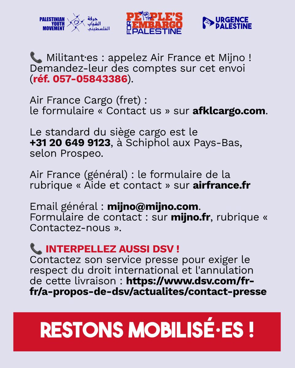 urgence_pal's tweet photo. 🚨 @airfrance a effacé de son système une cargaison militaire destinée à Elbit Systems.

Elle serait chez Air France ou DSV, à Lyon. Un autre acheminement serait recherché.

✊ Syndicats, militant·es : maintenons la pression pour bloquer cette livraison ! https://t.co/WcxopR8EG9