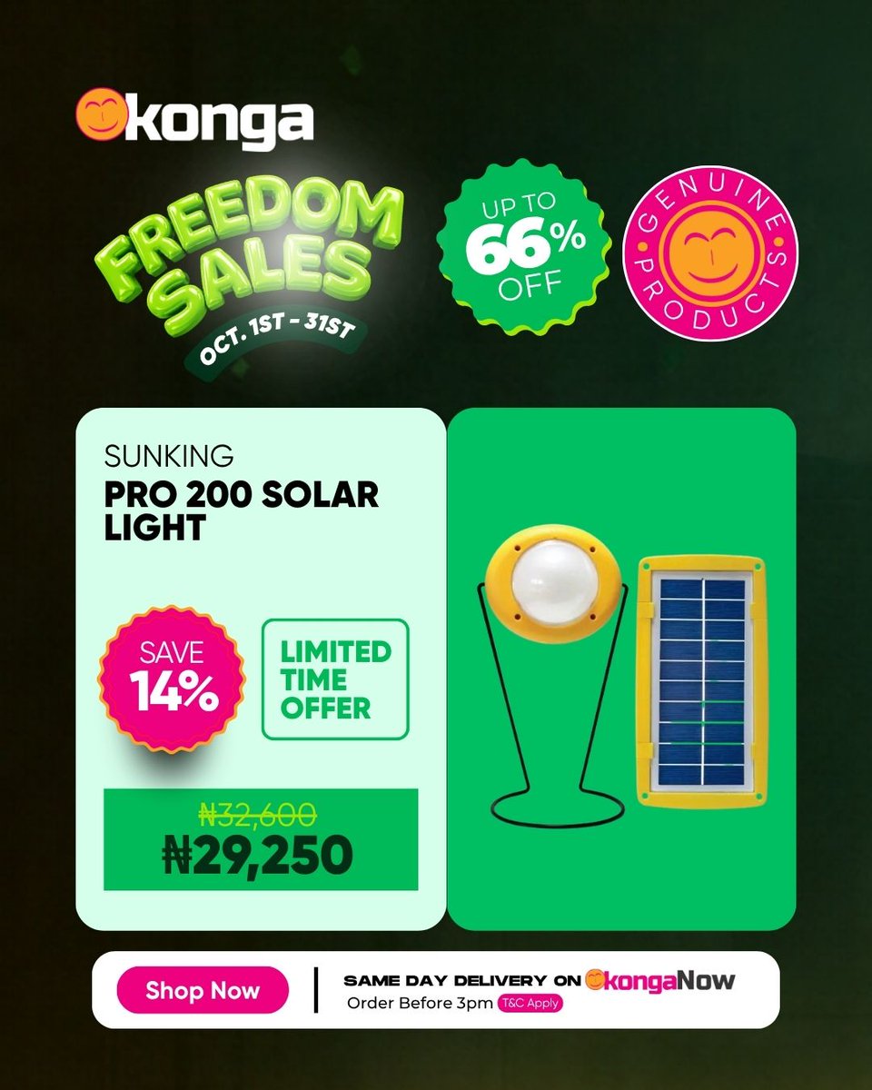 ShopKonga's tweet photo. Power up and save big this Freedom Sales!

Get up to 66% OFF selected power and energy solutions on Konga. From solar lights and solar generators to portable solar panels and fan heaters, find smart solutions to keep your home and devices powered.

Save more. Shop smarter. Enjoy the freedom to choose.

Shop now on the Konga App and enjoy same-day delivery with KongaNow when you order before 3PM. T&Cs apply.

#Konga #FreedomSales #PowerSolutions #ShopKonga #KongaNow