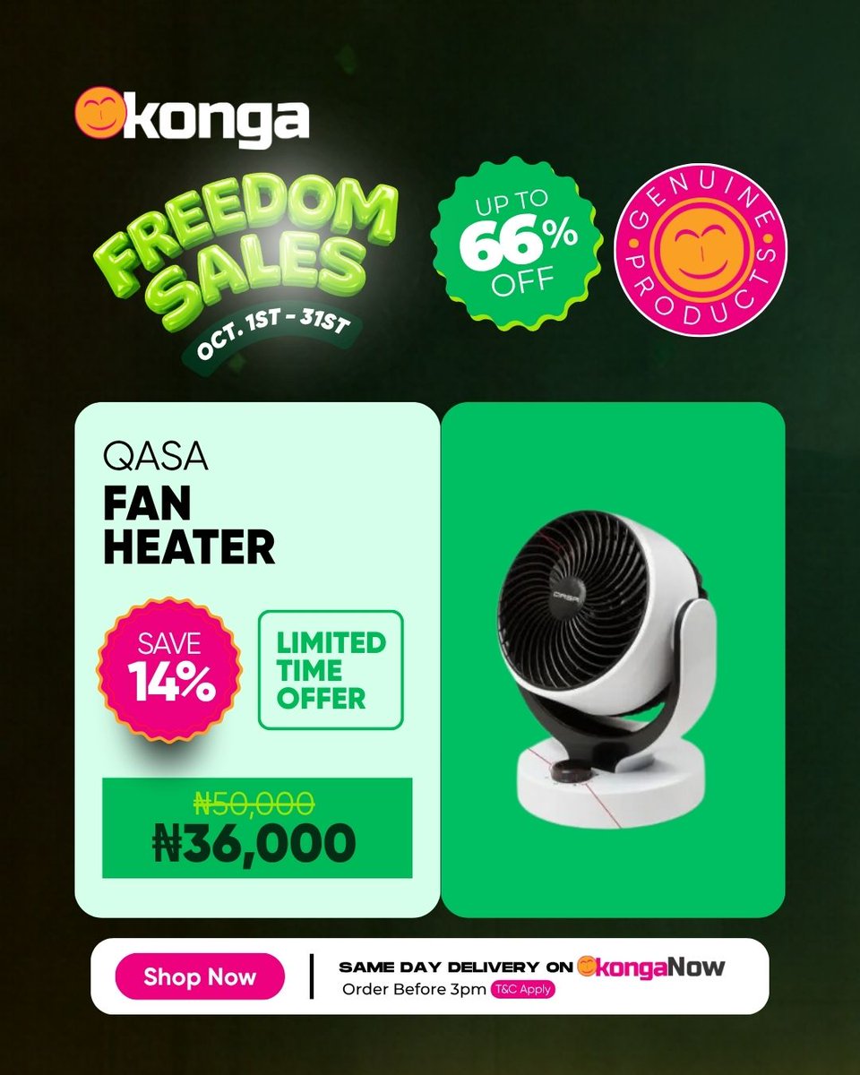ShopKonga's tweet photo. Power up and save big this Freedom Sales!

Get up to 66% OFF selected power and energy solutions on Konga. From solar lights and solar generators to portable solar panels and fan heaters, find smart solutions to keep your home and devices powered.

Save more. Shop smarter. Enjoy the freedom to choose.

Shop now on the Konga App and enjoy same-day delivery with KongaNow when you order before 3PM. T&Cs apply.

#Konga #FreedomSales #PowerSolutions #ShopKonga #KongaNow