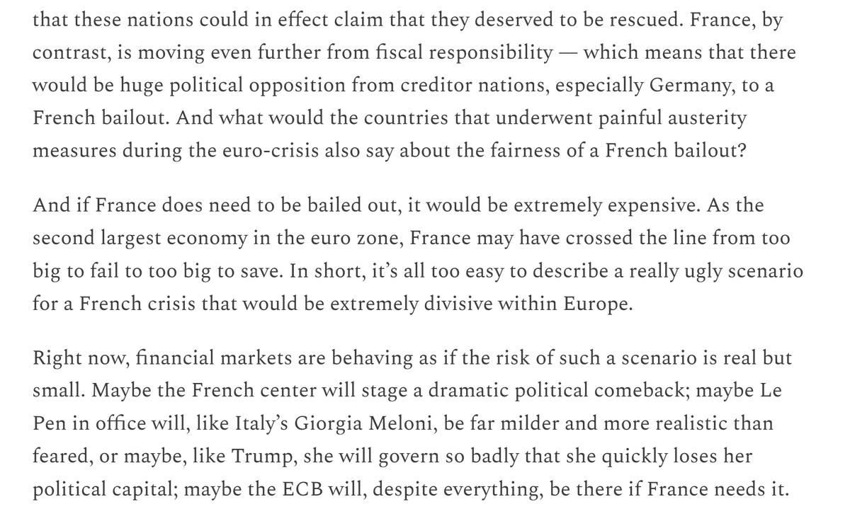 lugaricano's tweet photo. In complete agreement with @paulkrugman's analysis today on France.
1. France is probably too big to save for Europe. the potential for a serious European crisis is real.
2. The problem is pretty straightforward: the pensions are unsustainable, and the extreme right and extreme left are determined to block sensible reforms. This makes any potential bailout politically impossible for its partners. 
 https://t.co/x6wGJny1jD