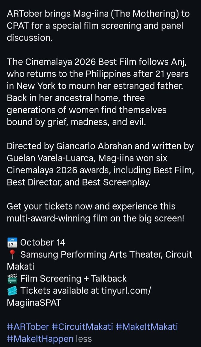 LoisaJema's tweet photo. SOMETHING HAUNTING IS COMING TO THE SAMSUNG PERFORMING ARTS THEATER
๐๏ธ https://t.co/Wccqzlz0HS
ARTober brings Mag-iina (The Mothering) to CPAT for a special film screening and panel discussion.
#JanineGutierrez @janinegutierrez
#Talkback #CircuitMakati
ยฉ๏ธ https://t.co/2TDa1ZNQcv
