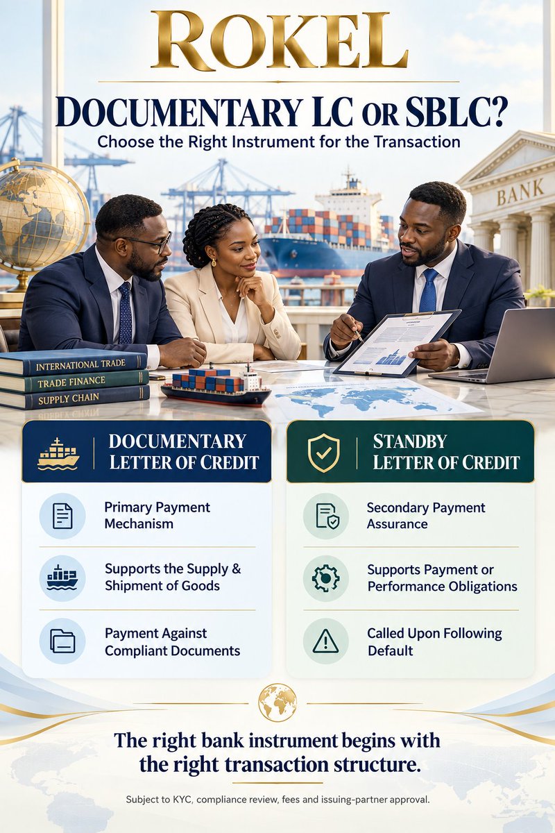 rokelshipping's tweet photo. DOCUMENTARY LC OR SBLC—WHICH INSTRUMENT FITS YOUR TRANSACTION
A Documentary Letter of Credit & a Standby Letter of Credit are both bank instruments, but they generally serve different commercial purposes. #Rokel #LetterOfCredit #DocumentaryCredit #SBLC #BankInstruments #TradeFin https://t.co/E9MSyIBlaC