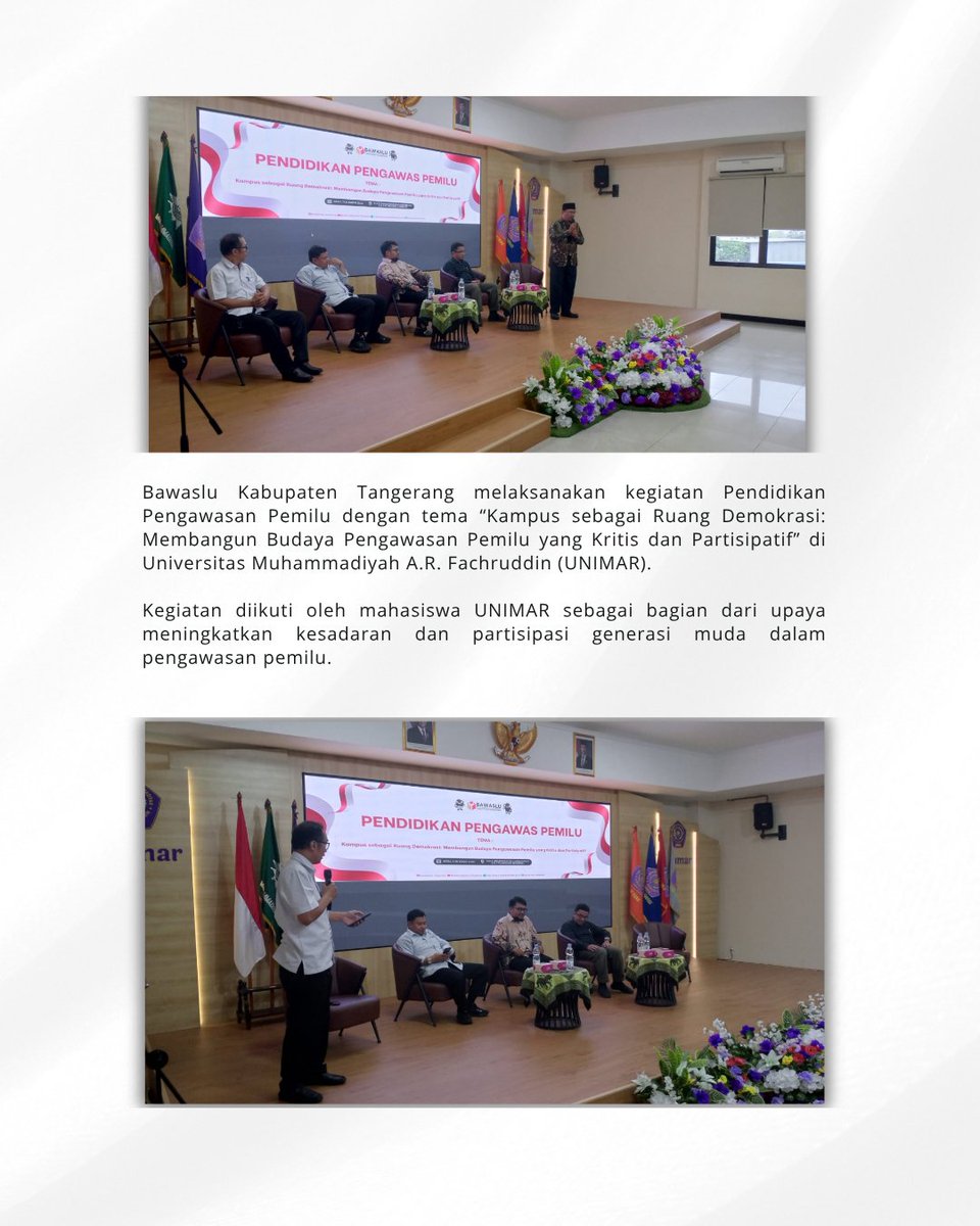BawasluKabTang's tweet photo. Bawaslu Kabupaten Tangerang terus melakukan upaya penguatan pengawasan partisipatif melalui Pendidikan Pengawasan Pemilu bagi mahasiswa Universitas Muhammadiyah A.R. Fachruddin (UNIMAR), Rabu, 7 Oktober 2026.

#bawaslukabupatentangerang
#sahabatbawaslu https://t.co/uXrZVjZw5A